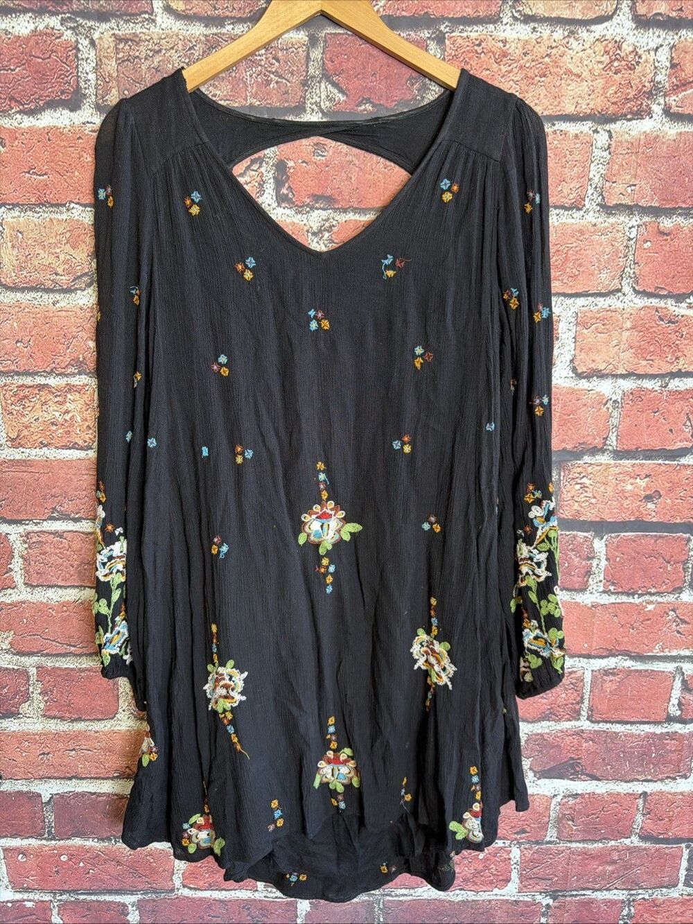 Free People Dress UO XS Black Oxford Floral Embroidered Mini Dress Boho Fairy
